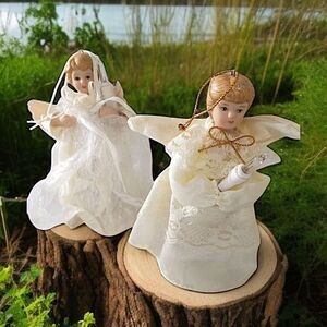 Vtg Angel‎ Tree Toppers Holding Lights Lace Satin Ceramic Heads Fairy Christmas.